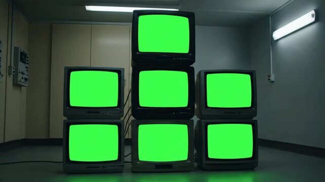 Vintage Television Wall with Flickering Static and Blank Green Chroma Key Screens.