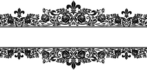 Elegant black floral border design with roses and fleur de lis for invitations, banners, and decorative projects. silhouette and cutout removed background © Spacler