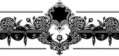Elegant vintage ornamental border with roses and ferns, classic decorative design element silhouette and cutout removed background