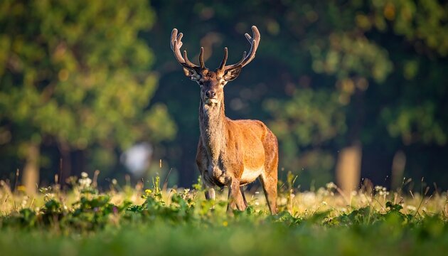 A majestic stag stands proudly in a sunlit meadow, showcasing its impressive antlers. The lush green foliage frames the animal - Powered by Adobe