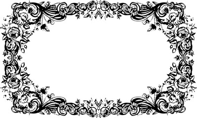 Elegant vintage ornate frame design with blooming roses and swirling filigree for luxurious invitations silhouette and cutout removed background