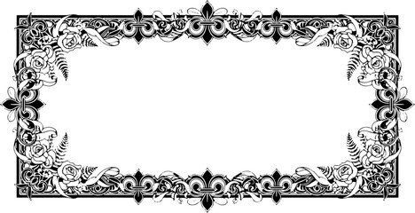 Elegant black and white ornate floral border design with roses and fleur de lis motifs silhouette and cutout removed background © Spacler