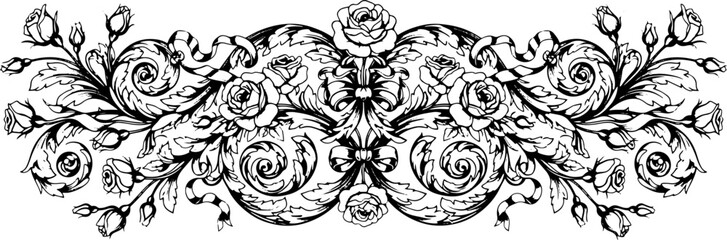 Elegant vintage rose scrollwork design with intricate floral details and ribbons, perfect for luxurious invitations. silhouette and cutout removed background