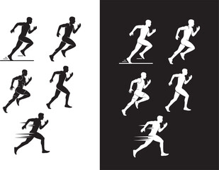Silhouette graphic illustrations of athletes running in various dynamic poses and speeds, capturing movement and energy for sports and fitness themes