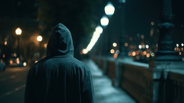 Person in a hooded sweatshirt walking alone along a city sidewalk at night, illuminated by glowing streetlamps with blurred lights creating a cinematic urban mood
