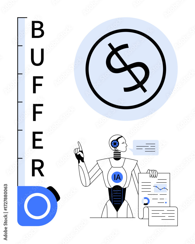 Poster robot analyzing financial charts, data, and growth indicators with concepts of optimization and effi