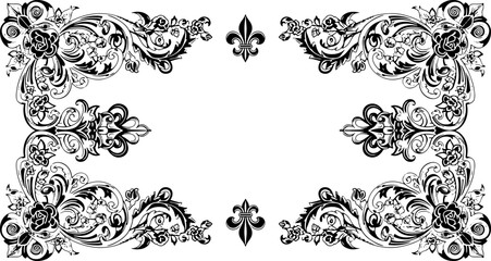 Elegant black floral scrollwork flourishes with fleur de lis accents frame empty space silhouette and cutout removed background