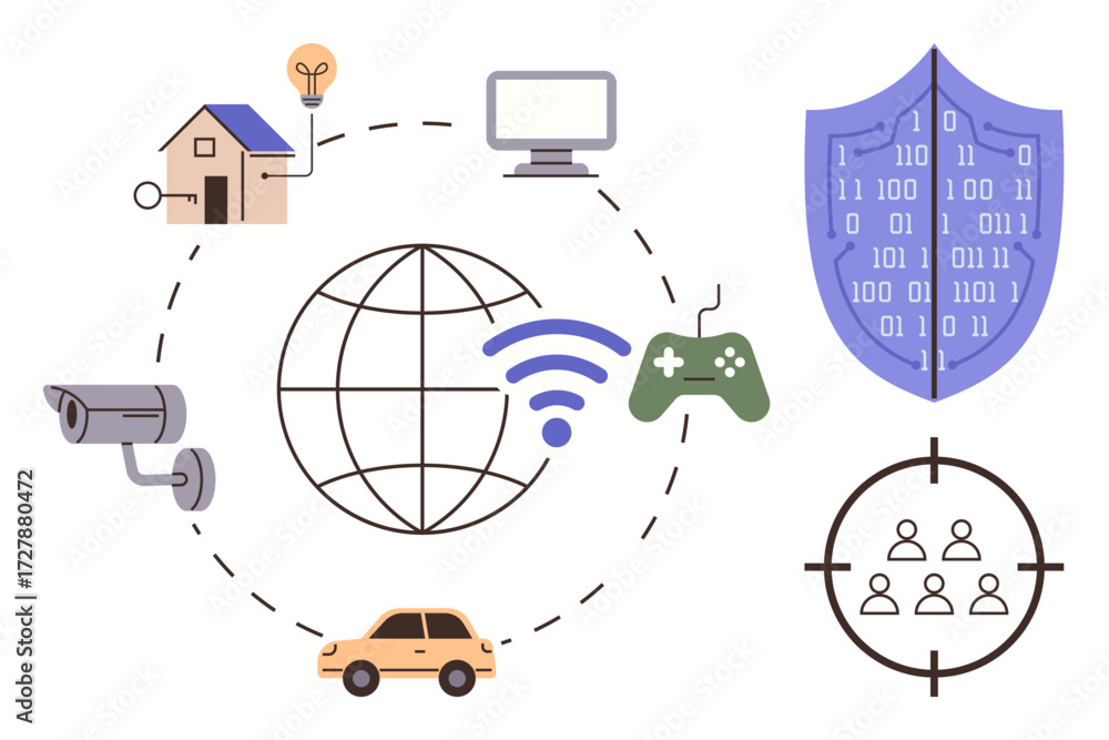 Poster home, car, camera, computer, game controller orbiting a globe and shield with binary, representing s