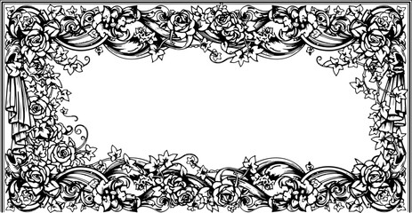 Elegant vintage floral border design with roses and ivy for decorative invitations and announcements silhouette and cutout removed background