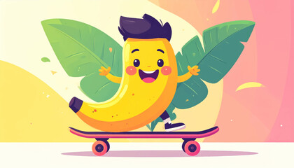 Dynamic cartoon banana character with a cheerful smile, expertly riding a skateboard against a colorful gradient background and tropical leaves, radiating happiness and active fun