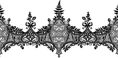 Elegant black floral ornate border design with roses and ferns, vintage decorative element silhouette and cutout removed background