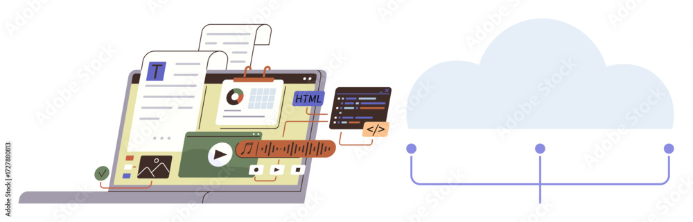 Poster laptop displaying documents, charts, media, code, and tools uploading to cloud storage. ideal for da