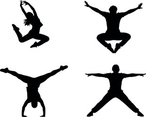Silhouette dancers performing dynamic gymnastic poses, energetic movement, expressive body shapes, acrobatic balance, artistic flexibility, black figures on white background