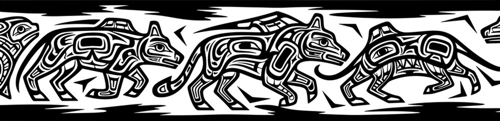 Stunning Indigenous tribal art depicts powerful wolves in dynamic procession, perfect for cultural design silhouette and cutout removed background