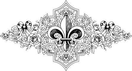 Elegant fleur de lis emblem with roses and ribbons for ornate decorative design silhouette and cutout removed background © Spacler