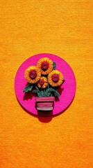 Vibrant, paper-crafted sunflowers in a pink pot, arranged against a backdrop of bold orange, create a cheerful and artistic display.