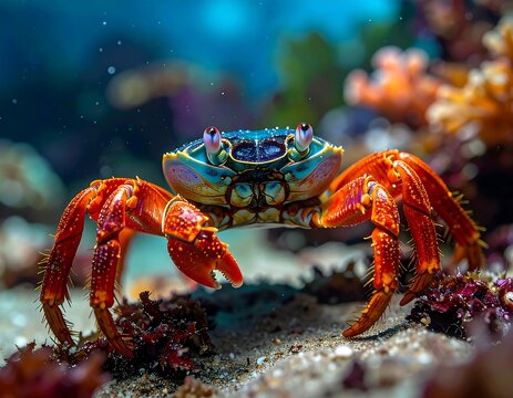 Close-up of vibrant crab in underwater environment