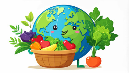 Cartoon image of Earth with a basket of fruits and vegetables, promoting healthy eating and environmental awareness.