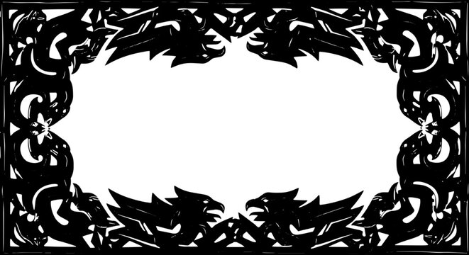 Intricate dark carved border featuring mythical dragon heads and ornate swirling patterns silhouette and cutout removed background