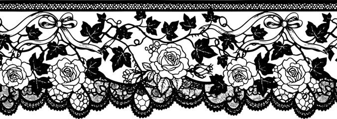 Elegant black lace border with roses and ribbons creates a romantic, vintage design for decorative use silhouette and cutout removed background
