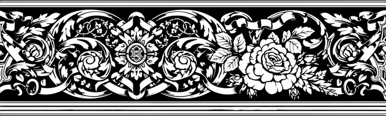 Elegant vintage floral border design with intricate scrollwork and rose motif silhouette and cutout removed background