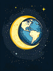 Fototapeta premium AI Generated - Blue and yellow crescent moon in the night sky with stars twinkling around it, creating a beautiful and peaceful atmosphere. Commercial illustration artwork for business applications.