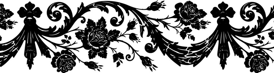 Elegant black floral baroque border design with intricate rose details and scrolling acanthus leaves silhouette and cutout removed background