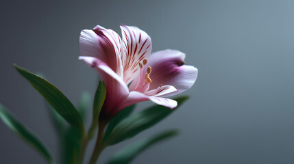 Obraz premium Pink Lily in the Soft Glow: A captivating close-up reveals a delicate pink lily in full bloom, its petals intricately detailed. The soft lighting and a simple backdrop highlight the flower's elegance.