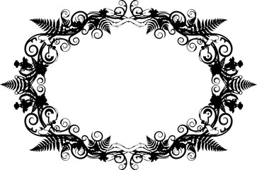 Elegant oval frame design with swirling filigree, red roses, and delicate fern fronds silhouette and cutout removed background