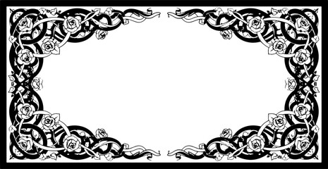 Elegant black and white floral border design with roses and swirling ribbons for invitations and announcements silhouette and cutout removed background