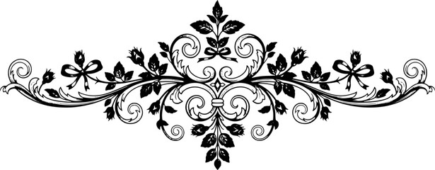 Elegant black and white floral scrollwork with roses and ribbons, perfect for vintage design accents silhouette and cutout removed background