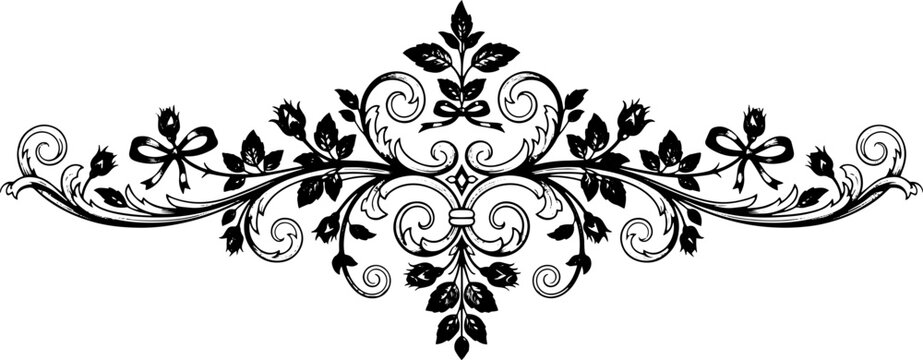 Elegant black and white floral scrollwork with roses and ribbons, perfect for vintage design accents silhouette and cutout removed background