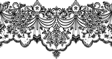 Elegant black lace border with intricate floral rose patterns and ornate detailing, perfect for vintage designs. silhouette and cutout removed background