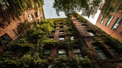 Urban Jungle - Lush Vines Enveloping Historic Brick Buildings.