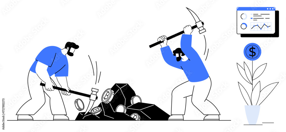 Poster two individuals using pickaxe and hammer breaking blocks. coins, plant, and analytics dashboard near