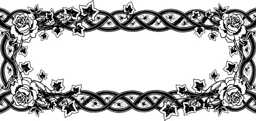 Elegant black and white floral lace border with climbing roses and ivy, perfect for vintage designs. silhouette and cutout removed background