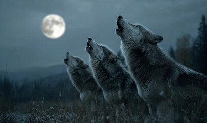 Naklejka premium Three wolves howling at the moon
