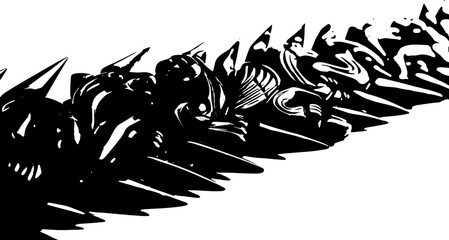 Intricate dark stone carvings of mythical creatures and animals create a powerful, ancient aesthetic silhouette and cutout removed background © Hassan