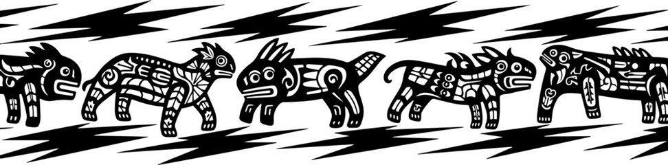 Whimsical tribal animal parade in black and white, perfect for cultural designs and playful branding. silhouette and cutout removed background