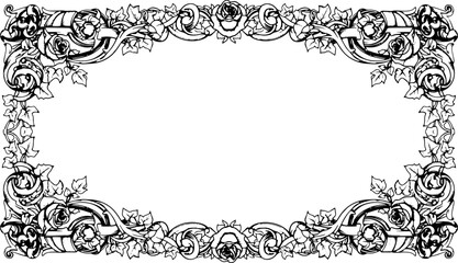 Fototapeta premium Elegant vintage floral frame with roses and ivy, perfect for invitations or decorative design silhouette and cutout removed background