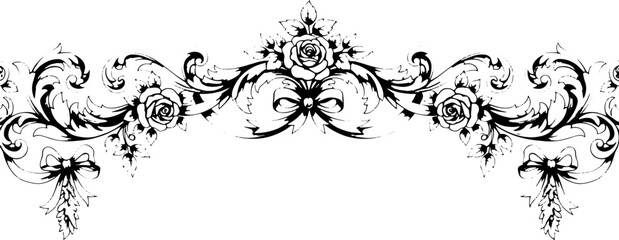 Elegant baroque flourish with roses and ribbons, classic ornamental border for invitations and decor silhouette and cutout removed background