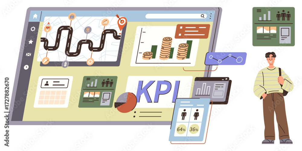 Poster digital dashboard displaying key performance indicators, data charts, financial info, and workflows.