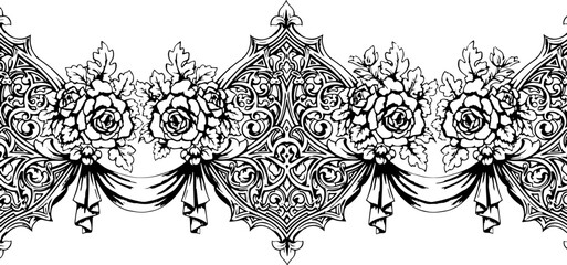 Elegant black and white ornate floral border design with roses and swirling filigree patterns silhouette and cutout removed background