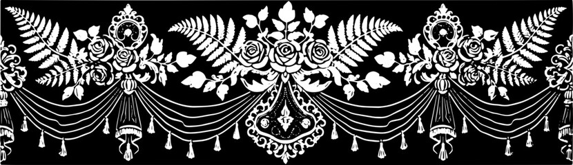 Stunning gold ornate floral decorative border with roses and drapery against black background silhouette and cutout removed background