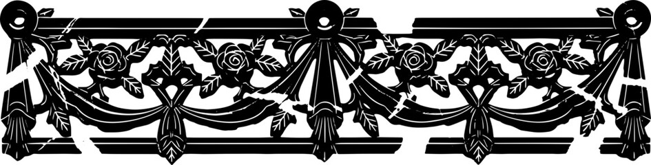 Elegant black marble architectural detail featuring carved roses and ribbons silhouette and cutout removed background