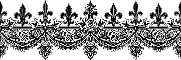 Elegant black and white ornate floral lace border with fleur de lis and roses silhouette and cutout removed background © Hassan