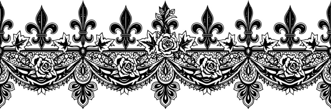 Elegant black and white ornate floral lace border with fleur de lis and roses silhouette and cutout removed background