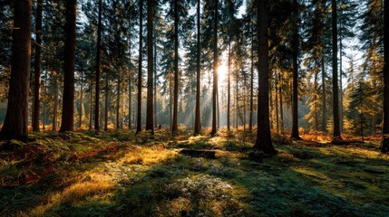 Scenic Forest Landscape with Sunbeams in Panorama