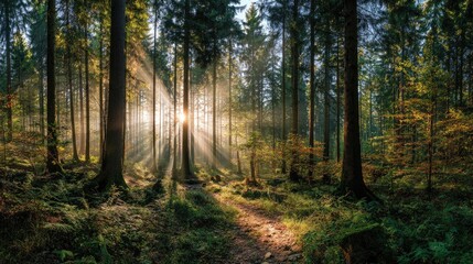 Fototapeta premium Beautiful Woodland Panorama Illuminated by Sunlight