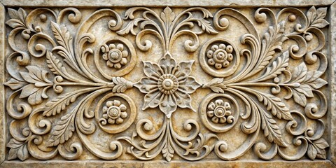 Obraz premium Intricate stone carving with swirly floral motifs against a rustic stone background , carved stones, ancient craftsmanship